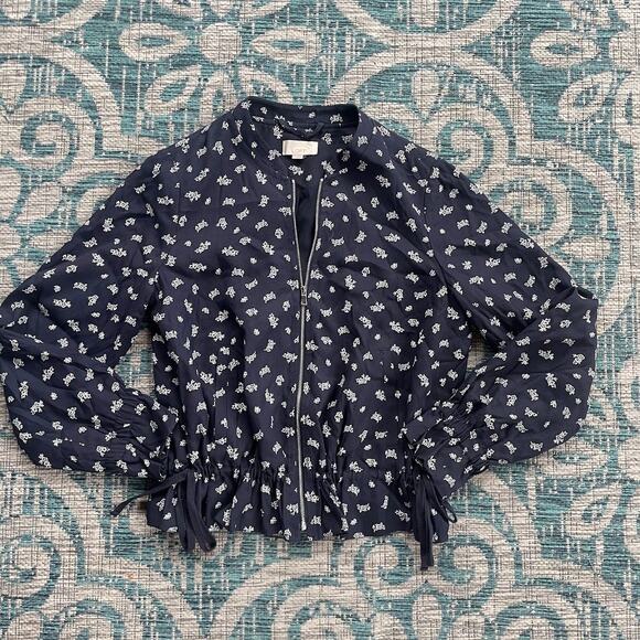 LOFT Navy Blue Floral Print Zip-Up‎ Bomber Jacket - Size S - Picture 2 of 8